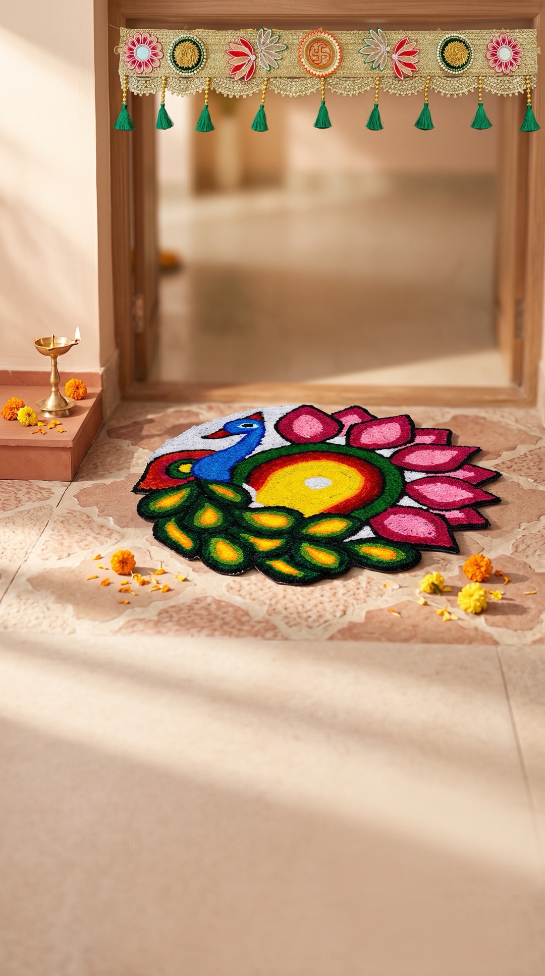 A handmade peacock mat styled at an elegant Indian home entrance with a toran and lit diya